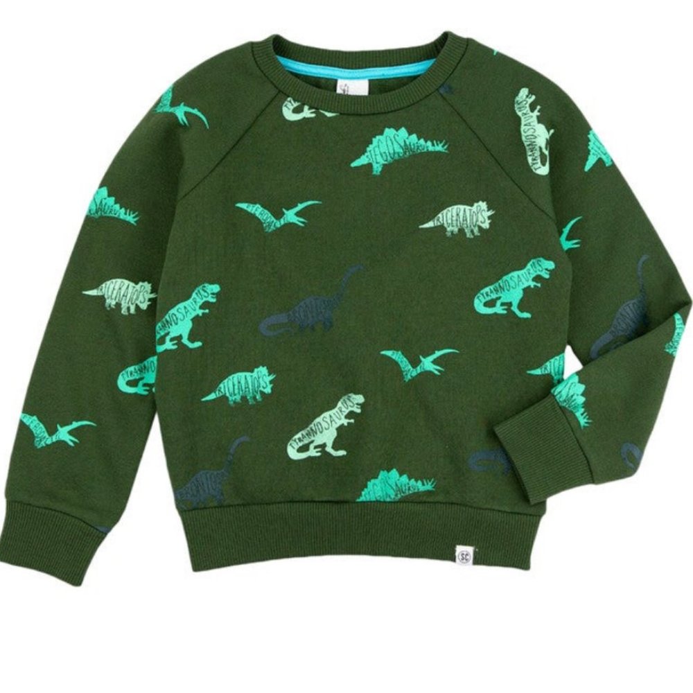 Sovereign Code, olive green dinosaur pull over sweatshirt.